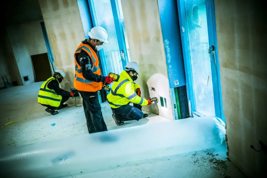 Three Ideal Response technicians checking moisture levels of walls at a construction site.