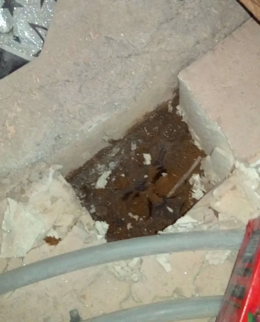 A small basement drain cover that is visibly blocked with sand and debris.