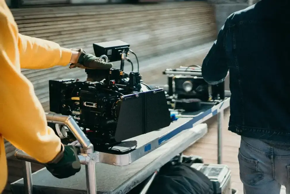 A professional camera being used on a Netflix film set.