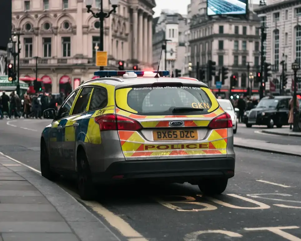 A police car parked on a road in London.