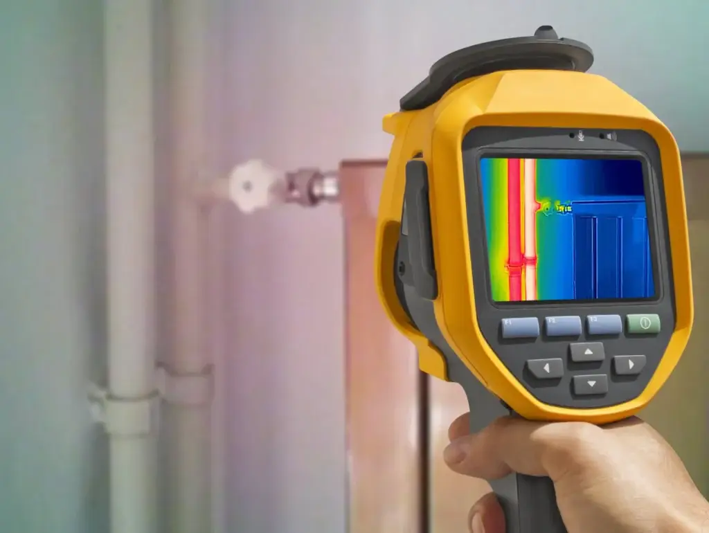 Thermal imaging camera being used during a leak detection service to located a leak.