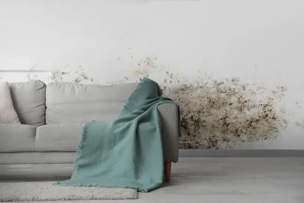 Sofa with team blanket draped across it, sitting in front of a wall covered in mould.