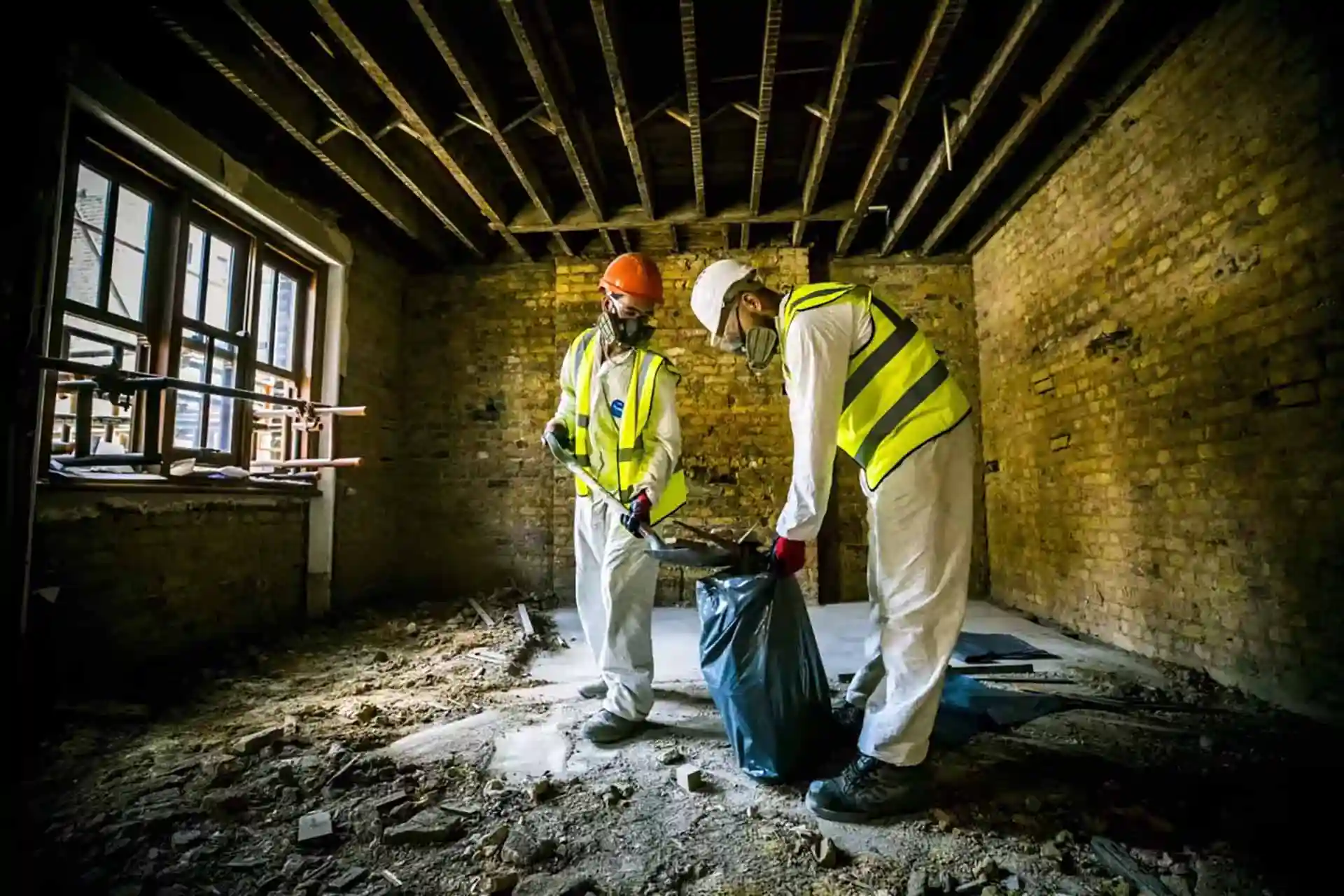 Two people cleaning in a fire damaged building