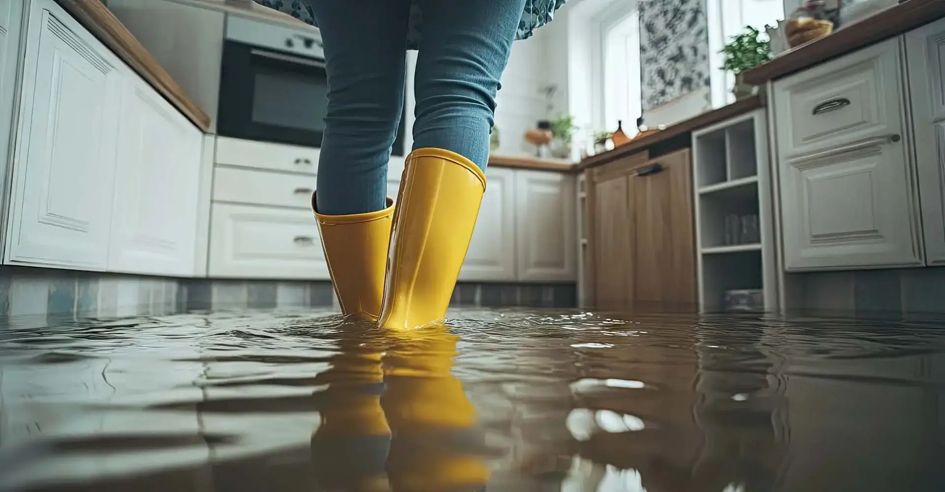 Someone standing in flooded kitchen in wellies.