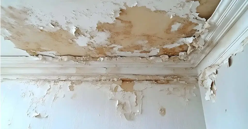 Peeling paint in a damp UK property.