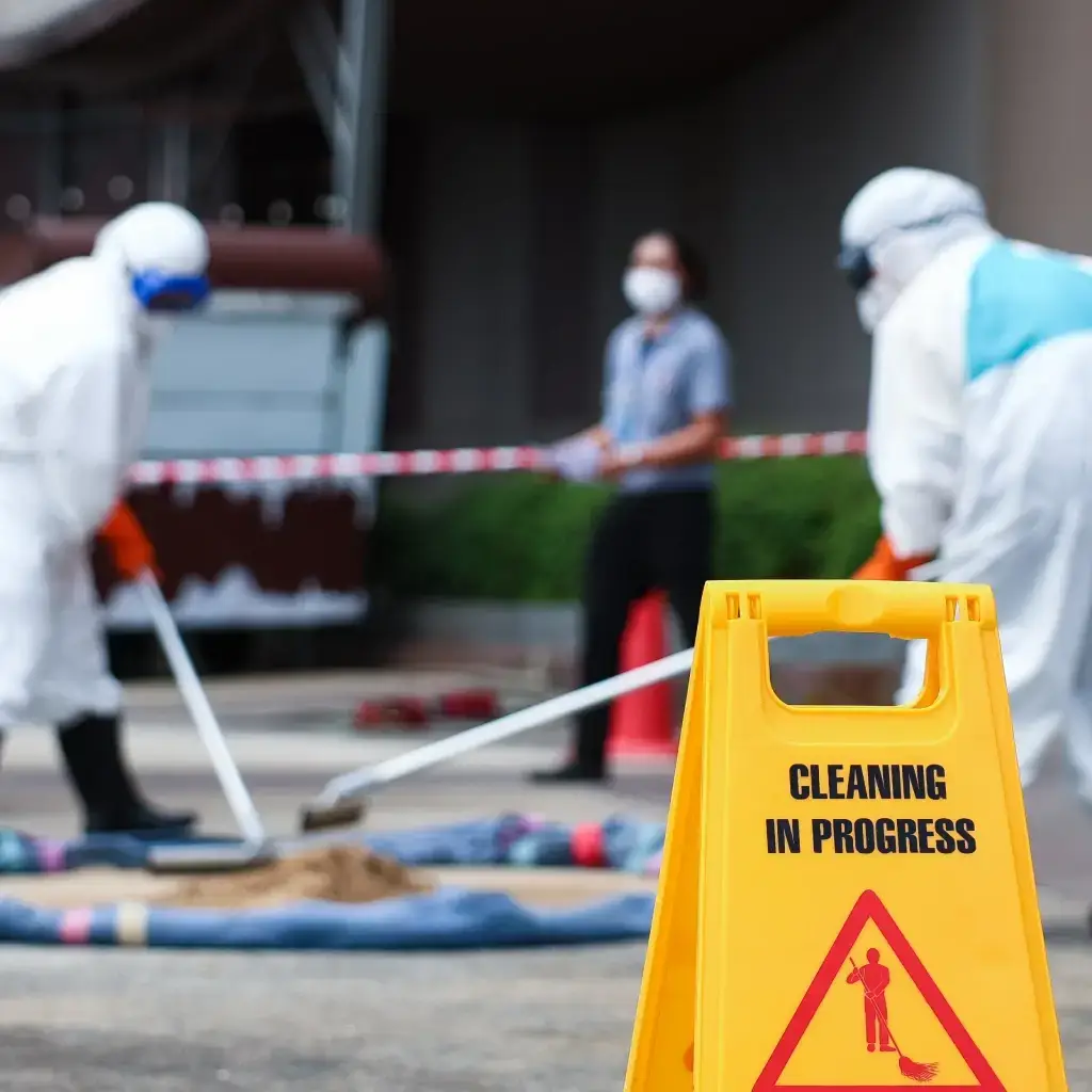 Chemical spill cleaning in progress.
