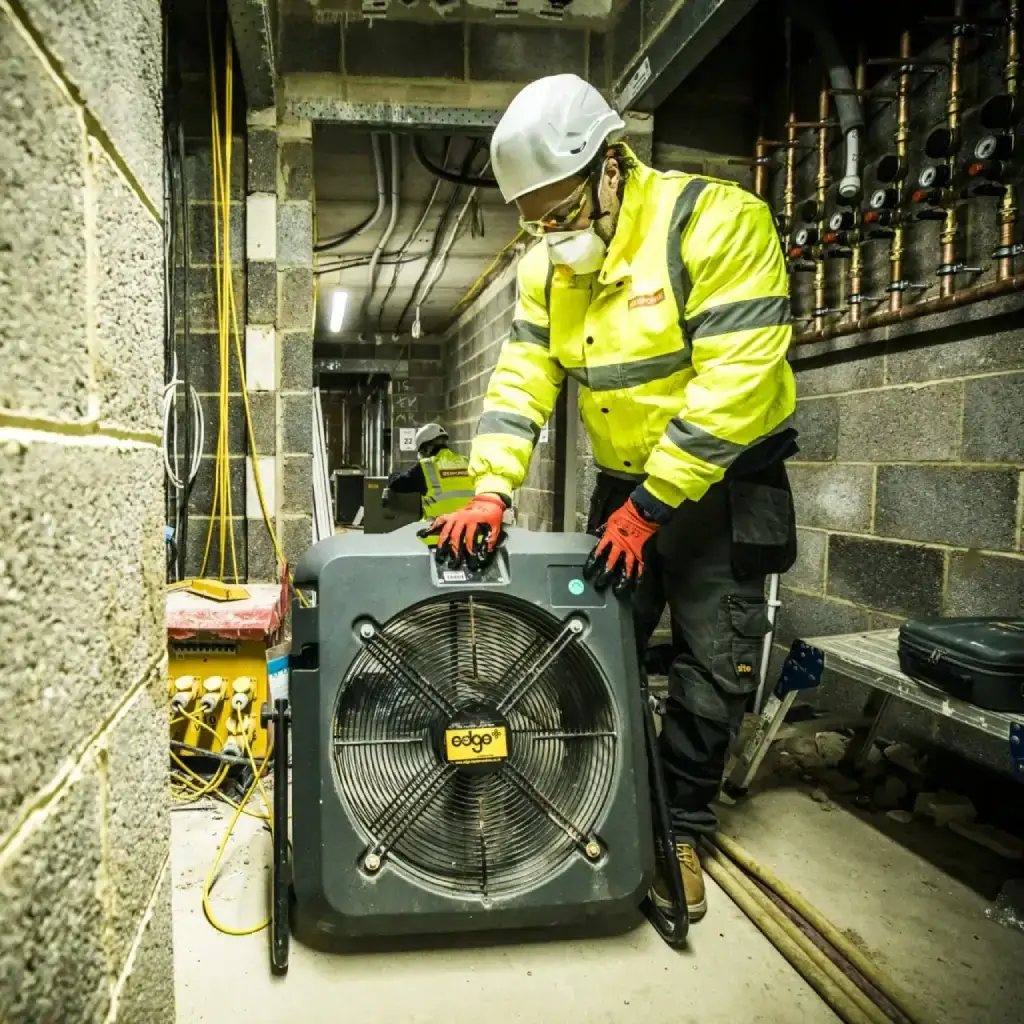 Drying fan set up after sewage spill.