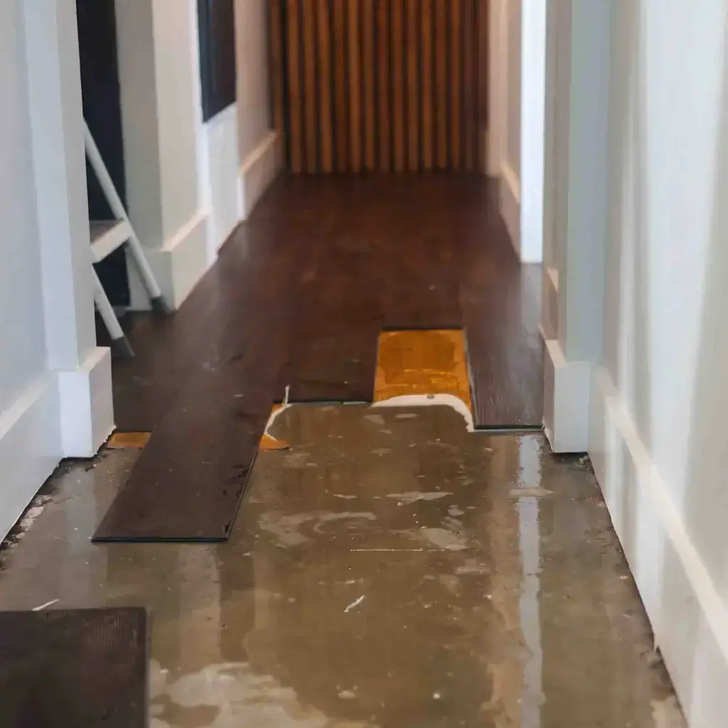 A flooded property with wood flooring.
