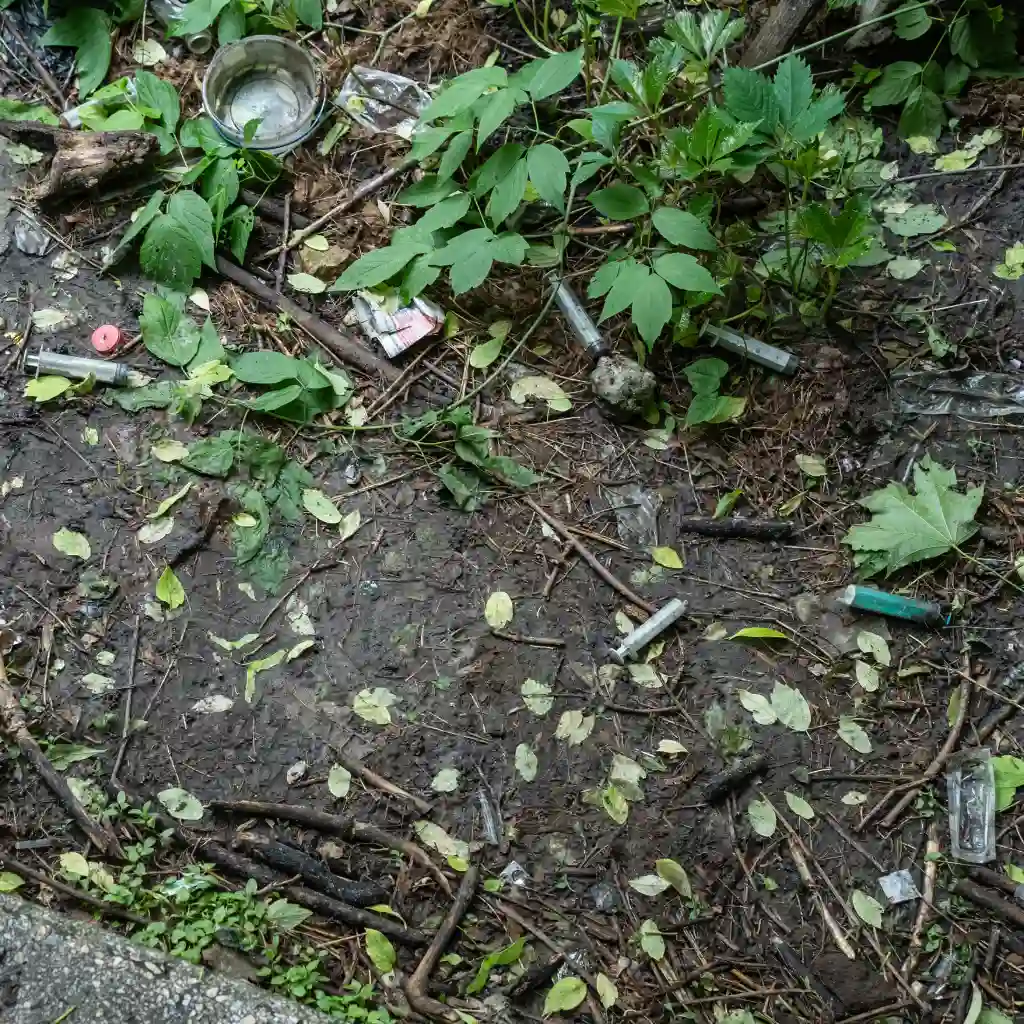 Bunch of used dirty syringes lying on the ground