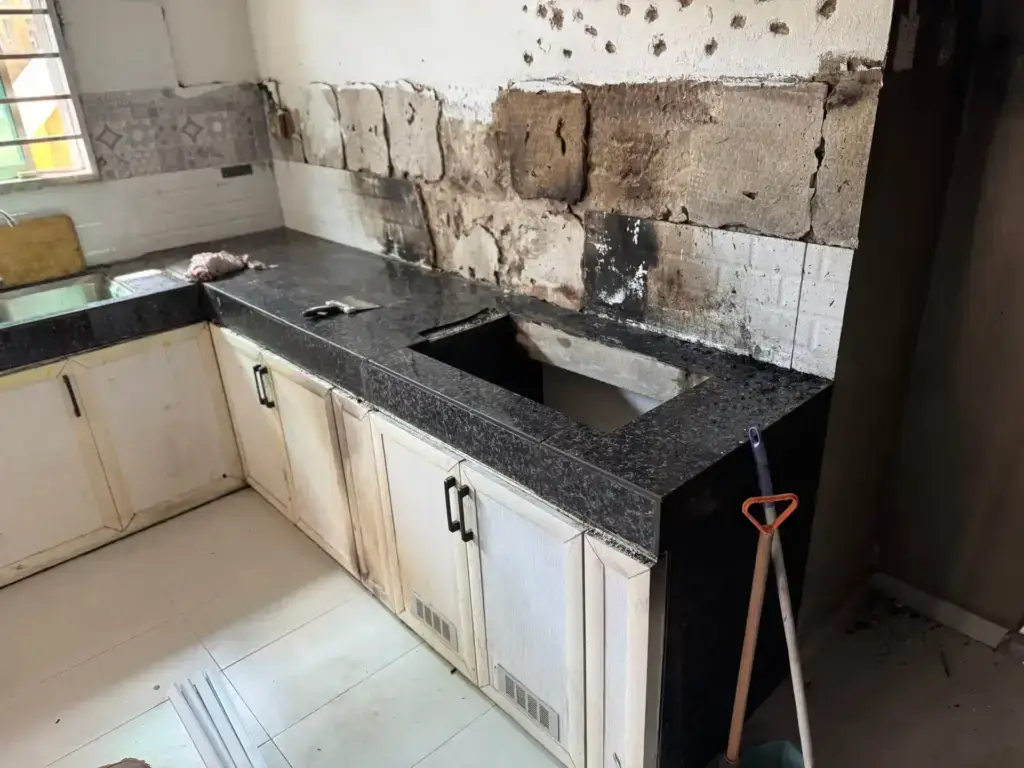 Burn marks from a fire in a kitchen