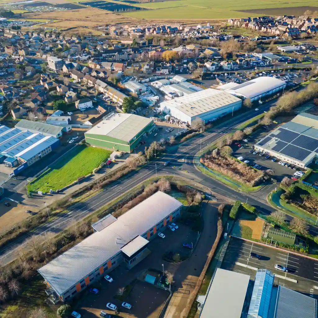 Buildings seen on the outskirts of the town of Chatteris, Cambridgeshire