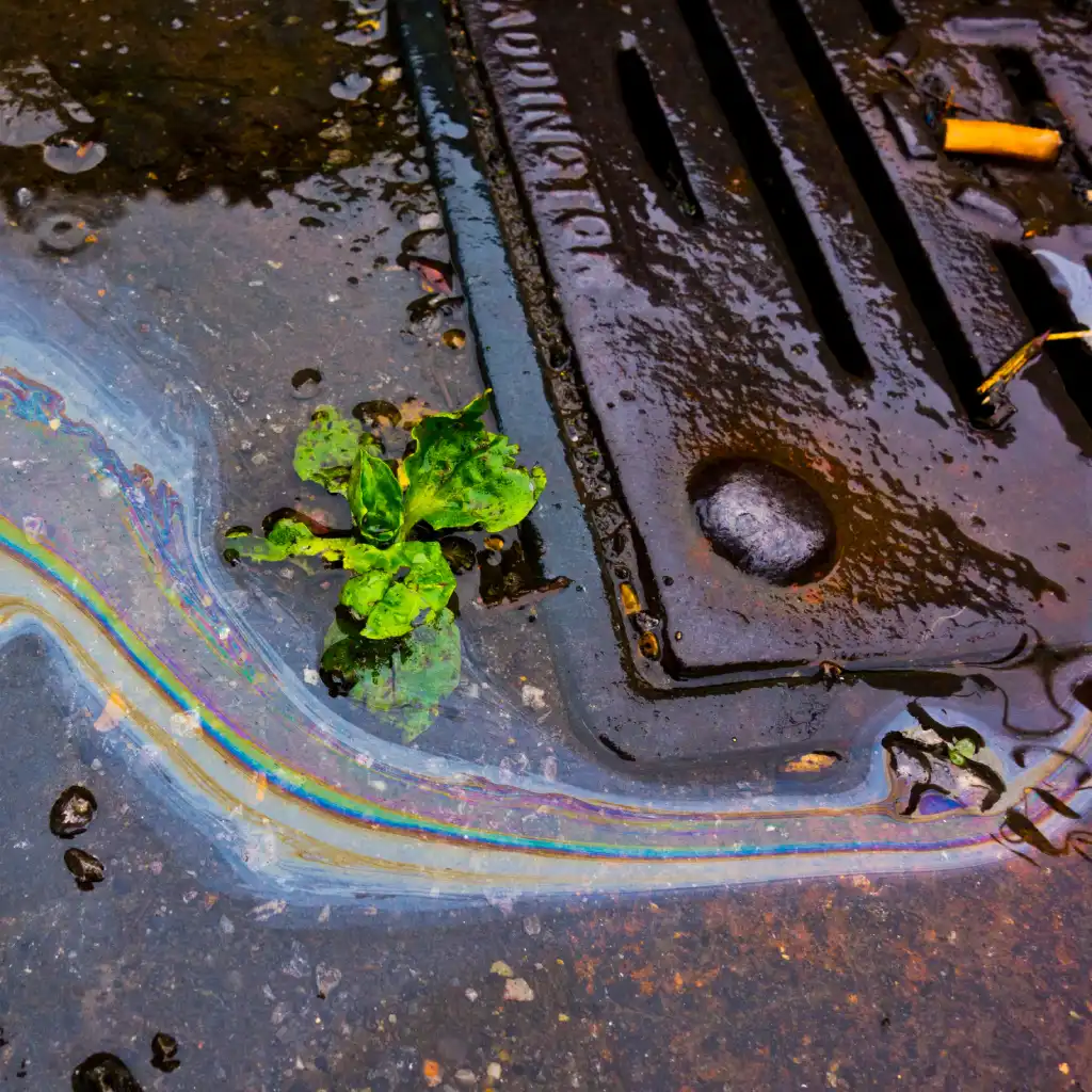 Oil spill contaminating drain.