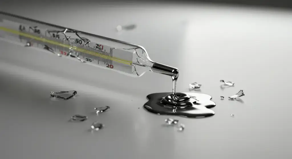 Broken thermometer with mercury spill