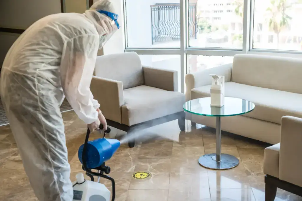 Technician using a fogging machine for odour removal
