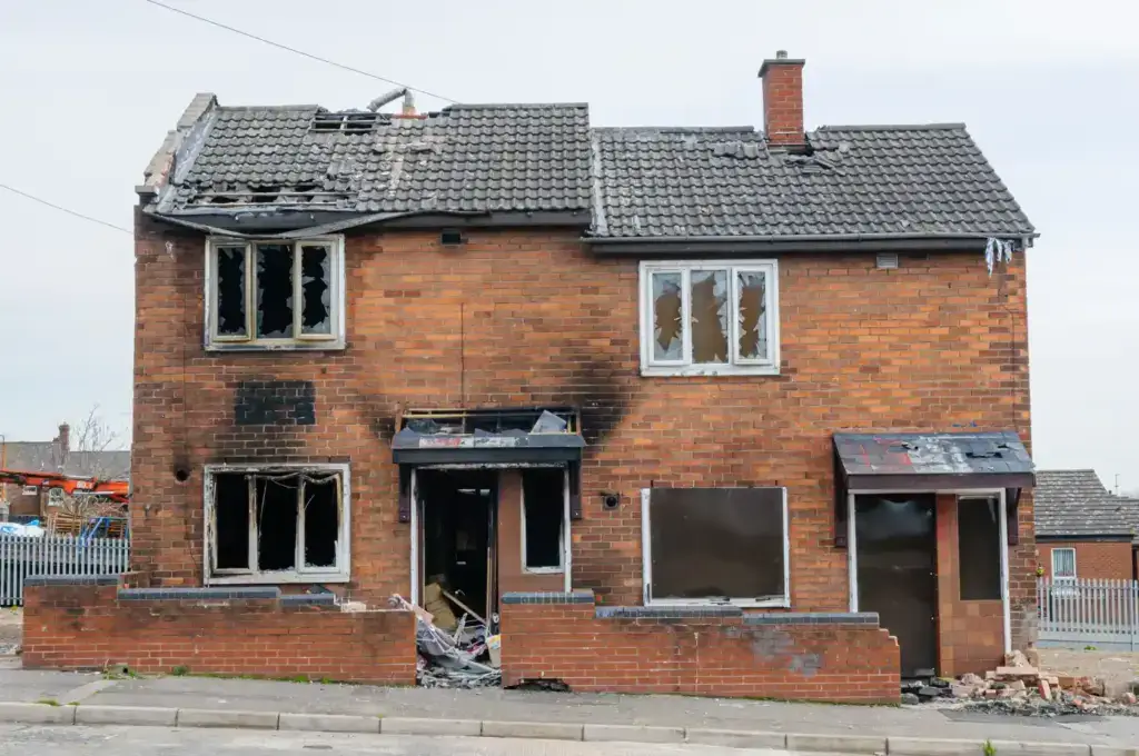 Fire damaged council house.